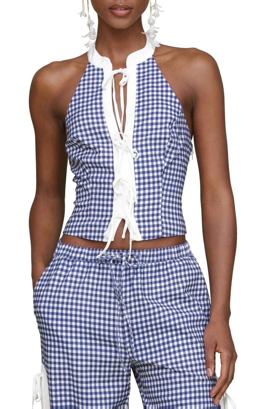 Avec Les Filles Navy Small Gingham Halter Top Bow Tie Front Keyhole Cottagecore